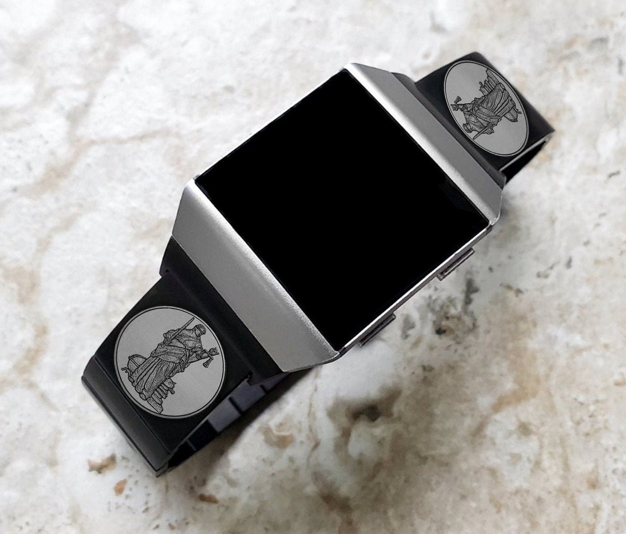 Lady Justice Engraved Band Compatible with Fitbit Ionic Smartwatches Black Stainless Steel Bracelet Strap with Quick Release Adapters BJ2